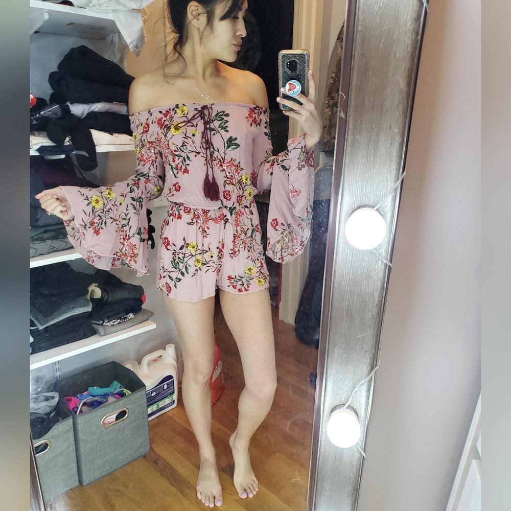 Band of Gypsies Floral Boho Romper strapless bell sleeves